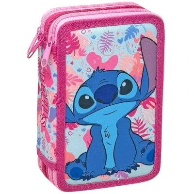 Afbeelding van Clondo Etui met 3 vakken, 3D kinderen, jongens en meisjes, drievoudige vulling, 44 accessoires voor school, jongens, ritssluitingen, 20 cm, viltstiften, potloden, schrijfwaren, Stitch roze V25