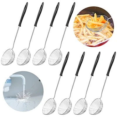 Afbeelding van Ticeed 8 stuks fonduezeef, roestvrij stalen schuimspaan met lang handvat, Chinese fonduezeef voor fonduesoep parelmelk thee (diameter: 7,8 cm, lengte: 28,5 cm)