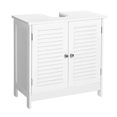 Afbeelding van VASAGLE badmeubel, badkamerkast, opbergkast, 60 x 30 cm, met 2 lamellendeuren, in hoogte verstelbaar legbord, grepen, Scandinavische stijl, mat wit BBC05WT