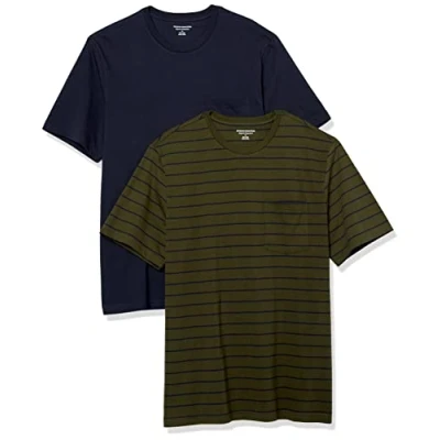 Image de Amazon Essentials Lot de 2 t shirts à manches courtes et col rond pour homme, coupe classique, rayures bleu marine/olive, taille XS