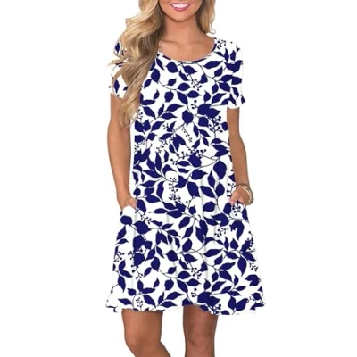 Afbeelding van AUSELILY Zomerjurk met A lijn voor dames, casual T shirtjurk korte mouwen en zakken, Marineblauwe bladeren, L