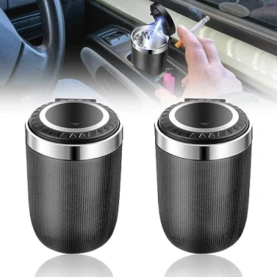 Afbeelding van Set van 2 auto asbakken met deksel, draagbare led reisasbak, zelfdovend, geurremmend, voor auto, bestelwagen, outdoor, camping, thuis, kantoor, zwart
