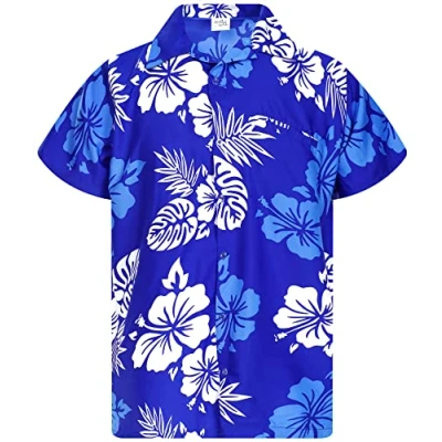Afbeelding van King Kameha Hawaiiaans overhemd voor heren, korte mouwen, bloemenpatroon, uniseks, Hibiscus mono blauw wit