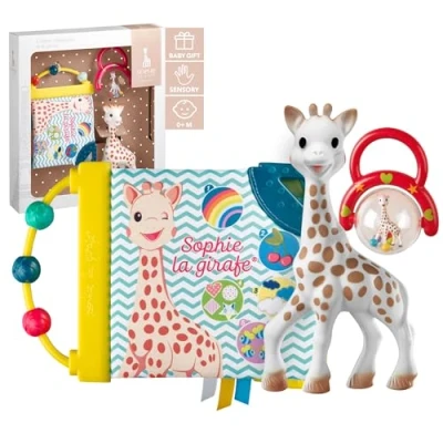 Afbeelding van Sophie de giraf Cadeauset Geboorte geschenkset Kraamcadeau Babyshower cadeau poppetje, Rammelaar &amp; Ontdekboekje Vanaf 0 maanden In wit geschenkdoosje 3 Delig