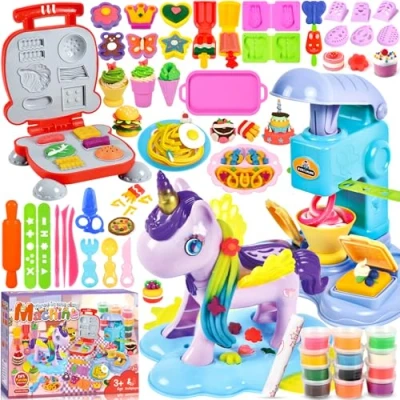 Afbeelding van ZQEJEFD boetseerklei voor kinderen, 59 delige accessoires het maken van hamburgers, ijs, eenhoorn, creatieve boetseerklei, met 12 potten