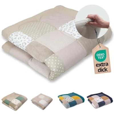 Afbeelding van ULLENBOOM ® Speelmat en matras voor babybox Leo (120 x 120 cm baby patchwork vloermat, sterren, stippen gingham)
