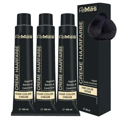 Image de FemMas Lot de 3 teintures pour cheveux, crème professionnelle, à l&#039;huile d&#039;argan, kératine, céramides, coloration permanente, résultats couleur éclatant et durable, châtain noir 2, 100 ml