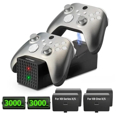 Afbeelding van NiTHO Oplader met 2 oplaadbare batterijen voor Xbox One/Xbox Series X/S controller, laadstation compatibel led laadstatusindicator, zwart