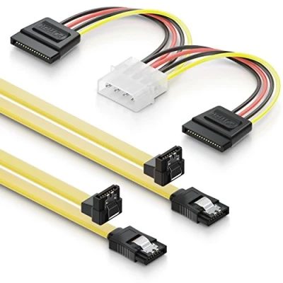 Afbeelding van deleyCON 2 x 0,5 m S ATA 3 kabel + netadapter 4 polig naar SATA HDD SSD datakabel met clip 1x rechte stekker op een 90 schuine