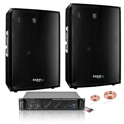 Afbeelding van IBIZA Sound Light Pack Sono 2800 W, in totaal 2 luidsprekers, 3 weg, x 600 geventileerde versterker, 800 bekabeling, ideaal voor feestzaal, club, bruiloft
