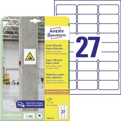 Afbeelding van Avery Zweckform L7874 20 ( 63.5 x 29.6 mm, Wit, 540 stuk(s), Permanent hechtend, Sterk hechtend
