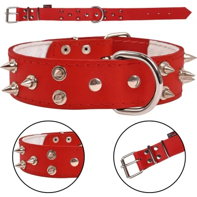 Afbeelding van Rode, Leren Halsband met Spikes, Hondenhalsband 40mm/46cm