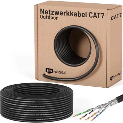 Afbeelding van HB DIGITAL Cat 7 installatiekabel 50m voor buiten, zwart, AWG23/1 PE S/FTP, dubbel afgeschermd PIMF, zuiver koper, 1000 MHz, 10 Gbits, Ethernet netwerkinstallatie, ruwe installatie, datakabel