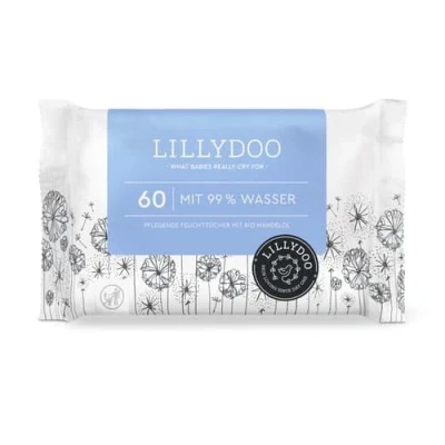 Image de Lingettes LILLYDOO pour bébé faites à 99% d&#039;eau, 60 pièces, tissu 100% sans plastique, parfum et doux comme du coton de l&#039;eau