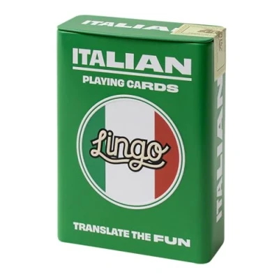 Afbeelding van Lingo Italiaans speelkaarten in blikken doos Taal leren spel set Leuk Visueel Flashcard Deck om de woordenschat en uitspraak vaardigheden te verhogen 52 essentiële vertalingen Talen reizen 6.71x1.8x8.99cm 181g