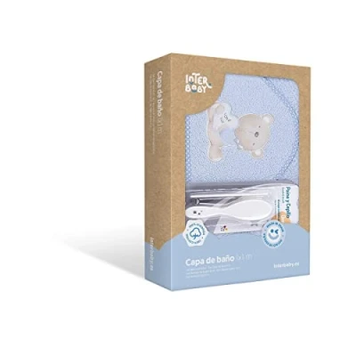Afbeelding van Interbaby Badcape 400 g/m² katoen badstof + borstel/kam model Love You blauw 100 x cm
