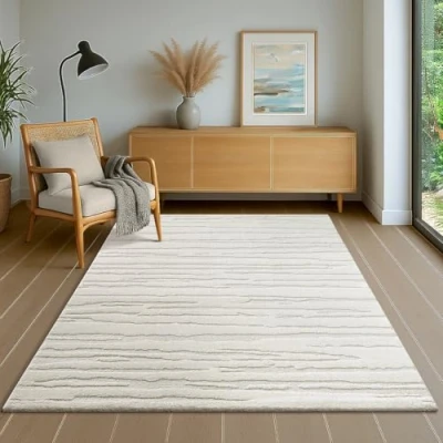 Afbeelding van the carpet Everest moderne vloerkleed (tapijt) laagpolig met hoog diepteeffect, 3D effect, hoge vloerdichtheid en aangenaam zacht, crème 80x300 cm
