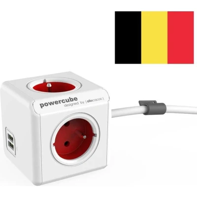 Afbeelding van Allocacoc 6403RD/BEEUPC PowerCube Extended Stekkerdoos USB poorten 3 sockets type E (België) Wit/Rood 1,5 meter