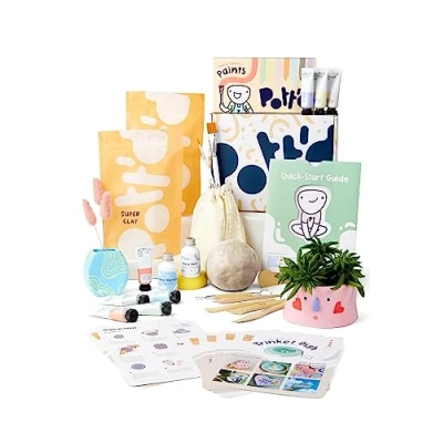 Afbeelding van Pott&#039;d™ Home luchtdroge klei aardewerkset voor beginners, volwassenen. Kit bevat: klei, gereedschap, verf, kwasten, afdichtmiddel, handleiding, luchtdrogende cadeau