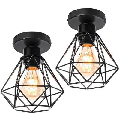 Afbeelding van iDEGU Plafondlamp, industrieel, vintage, kroonluchter, hanglamp, E27, retro, design, kooi, diamant, ijzer, plafondlamp voor hal, woonkamer, keuken, slaapkamer, Ø 16 cm (kooi B, zwart)