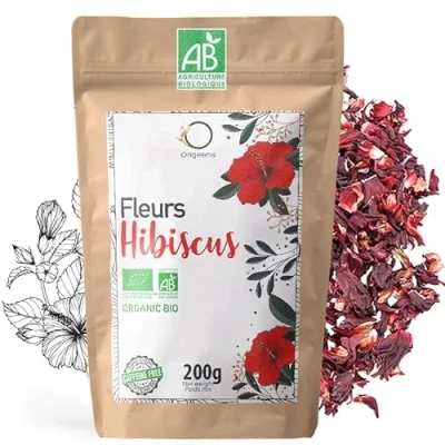 Afbeelding van ORIGEENS HIBISCUS Bio 200 g Hibiscusbloem voor Bissap, ijsthee, infusie en kruidenthee Drainerende Detox Biologische gedroogde hibiscusbloemen