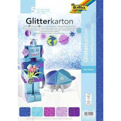 Afbeelding van Folia Glitterkarton Ice (donkerblauw turkoois fuchsia oudroze en paars)