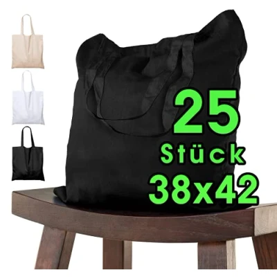 Afbeelding van katoenen opvangzak 38x42 25 stuks zwart voor kinderen met KORT handvat Unbedded OEKO TEX® gecertificeerd stoffen tas, draagtas, 140 g / m dikke boodschappentas