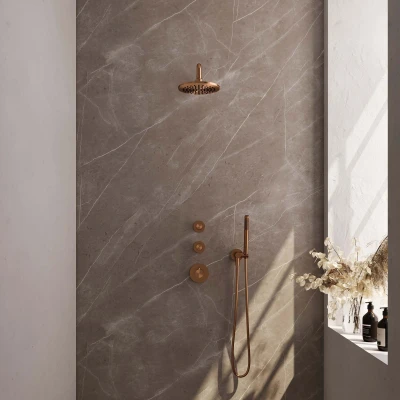 Afbeelding van Brauer Copper Edition Regendouchesets inbouw hoofddouche 20cm Wandarm met inbouwdeel Gladde knoppen handdouche Staaf 1 stand PVD