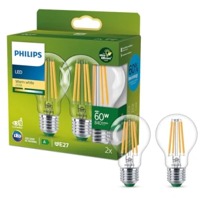 Afbeelding van Philips Ultra Efficient LED lamp Transparant 60 W E27 Warmwit licht 2 pack