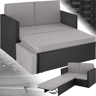 Afbeelding van tectake® wicker loungesofa tuinstoel ligbed bankstel 2 zits fauteuil met kruk en slaapfunctie, kleine bank als buitentuinmeubel, voor lounge, balkon tuin, opvouwbaar kussens zwart / grijs