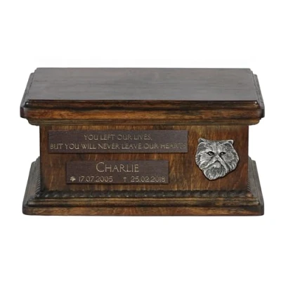 Afbeelding van Persische houten urn voor kattenas met gravure, ook hondenras