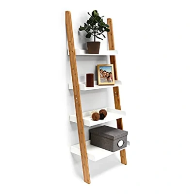 Afbeelding van Relaxdays ladderrek bamboe traprek opbergrek ladder rek wit houten