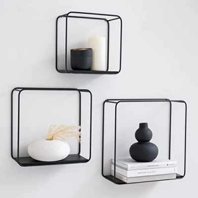 Afbeelding van Kazai. Jona Wandrekenset, 3 delig hangrek van metaal en echt houten veneer, wanddecoratie plank voor badkamer, woonkamer, keuken, slaapkamer meer, mat zwart