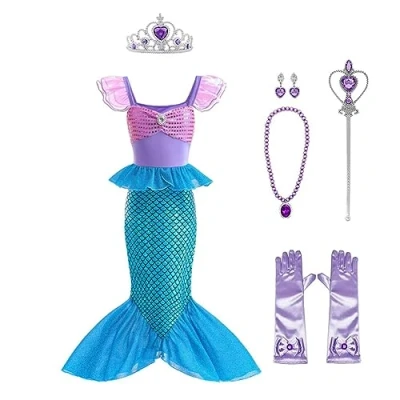 Afbeelding van Lito Angels Verkleedkleding Prinses Ariel, zeemeerminkostuum met pruik voor kinderen, meisjes, maat 7 8 jaar, paars en blauw (maat op de kleding: 140)