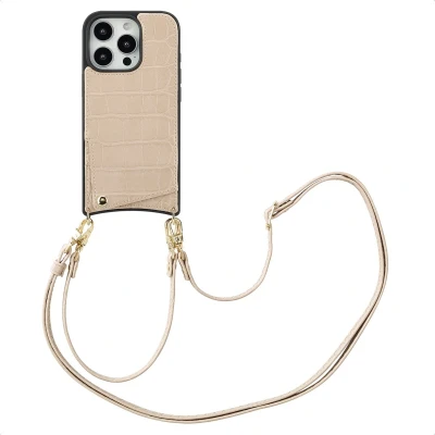 Afbeelding van Selencia Hoesje Geschikt voor iPhone 16 Pro met Pasjeshouder Nova Croco Backcover koord en pashouder Beige