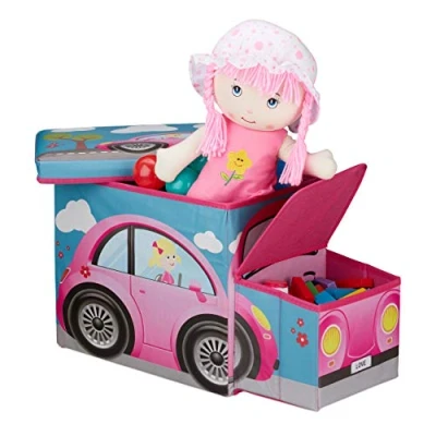 Afbeelding van Relaxdays speelgoedkist opvouwbaar opbergbox kind opbergruimte hocker Pink Car