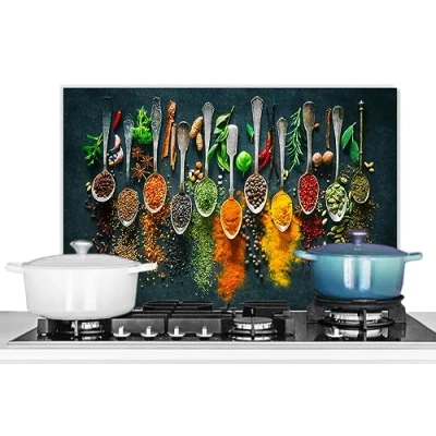 Afbeelding van KitchenYeah© Anti spatbord, keuken, 70 x 50 cm, aluminium, decoratie, deksel, spatbescherming, kruiden, specerijen, lepels
