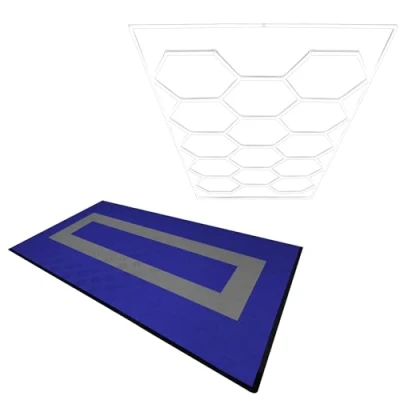 Afbeelding van Modulaire Geventileerde Vloer 90 Blauwe &amp; 30 Grijze Tegels Met Randen Hexagon LED verlichting 14 Witte Lampen 6500K 3 Montageopties Inclusief Ophangset, Garagevloer 3,2m x 6m