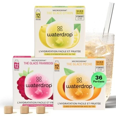 Image de waterdrop® Coffret Thé Glacé 36 cubes d&#039;Ice Tea Boisson sans sucre 3 saveurs fruitées : noir + Pêche, vert Citron, Framboise Enrichi en vitamines
