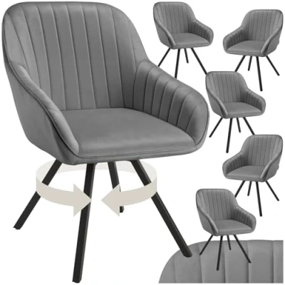 Afbeelding van tectake Set van 6 eetkamerstoelen Draaifauteuil in Fluwelen Look Woonkamerstoel, Gestoffeerde Stoel grijs