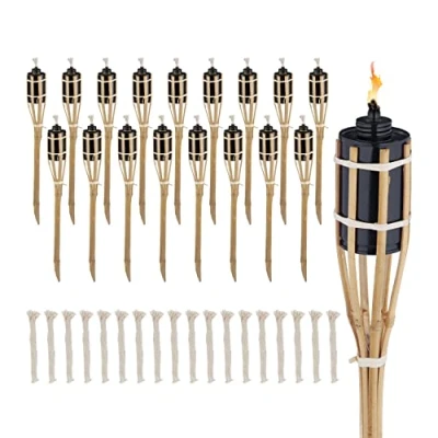 Afbeelding van Relaxdays tuinfakkels bamboe set van 18 navulbare oliefakkels met reservelont 50 cm