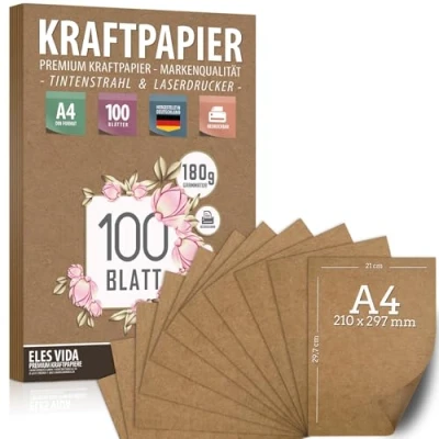 Afbeelding van 100 vellen kraftpapier A4 180 g 21 x 29,7 cm DIN formaat knutselpapier en natuurkarton van kraftkarton om af te drukken, kaartpapier, knutselen voor geschenken