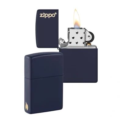 Afbeelding van Zippo Vlammodel en logo marineblauw mat lasergravure kleurenafbeelding winddichte aansteker, oplaadbaar, in hoogwaardige geschenkdoos