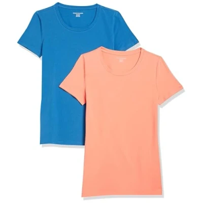 Image de Amazon Essentials T Shirt Col Rond à Manches Courtes Coupe Classique Women&#039;s, Pack of 2, Bleu/Orange Corail, XS