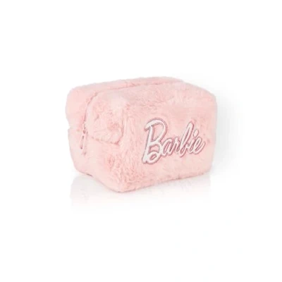 Afbeelding van Barbie Pluizige make uptas voor dames, volledig bont met geborduurd logo in roze, klassieke opbergtas ritssluiting poppenkleding grote opbergruimte, Roze