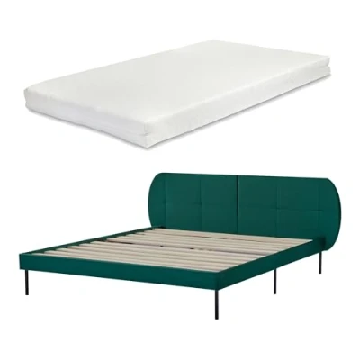 Afbeelding van Gestoffeerd bed Porvoo met bedbodem en matras 160x200 cm donkergroen [en.casa]