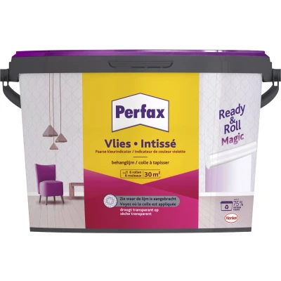 Afbeelding van Perfax Ready &amp; Roll Vlies Magic Behanglijm 4.5 kg 100% Kleurenbeeld tijdens het behangen droogt Transparant