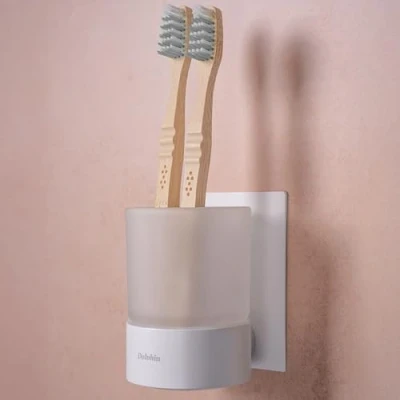 Afbeelding van Dolvhin® Porte Gobelet à dents sans perçage Verre dépoli coller et support mural en acier inoxydable de brosse organisateur brosses Blanc mat