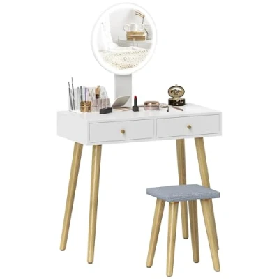 Afbeelding van HOMCOM make uptafel met spiegel en kruk, led helderheid 3 instelbare kleuren, gevoerde 2 laden opbergorganizer, kaptafel, wit