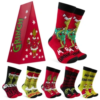 Afbeelding van The Grinch 6 paar kuitsokken voor heren, zacht en ademend, cadeaus mannen, rood, 6,5/10,5 UK, Rood